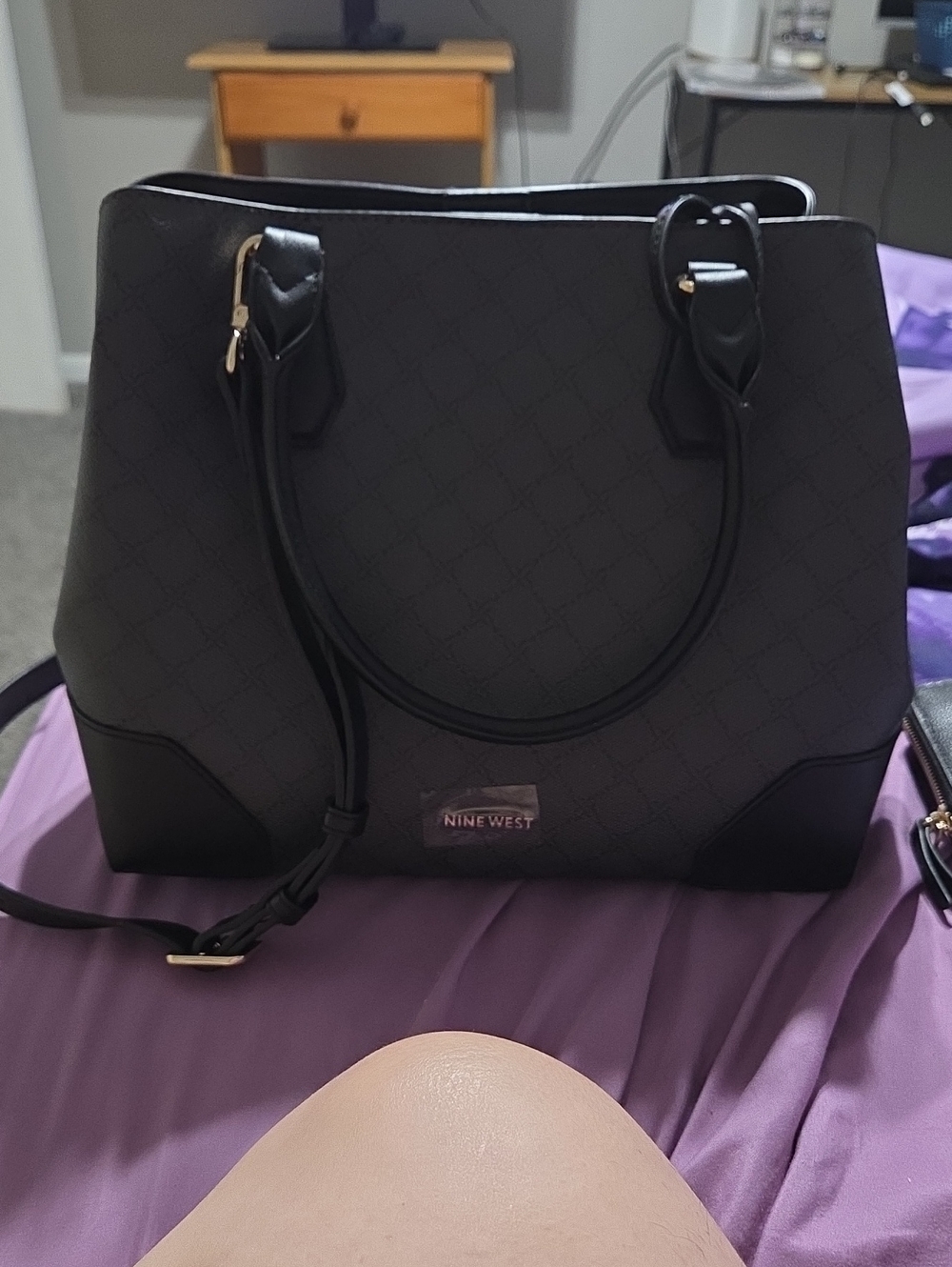 Nine West Black Patterned Tote with Gold Accents